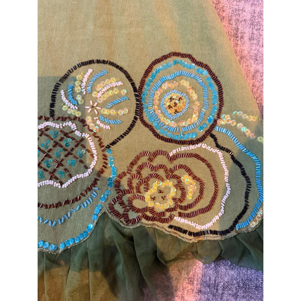 Christopher Fischer Beaded Floral A-Line Skirt Olive 10 - Picture 3 of 5